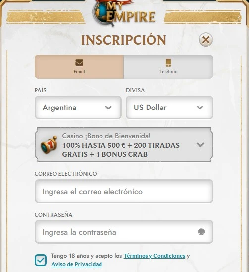 Registro en My Empire Casino